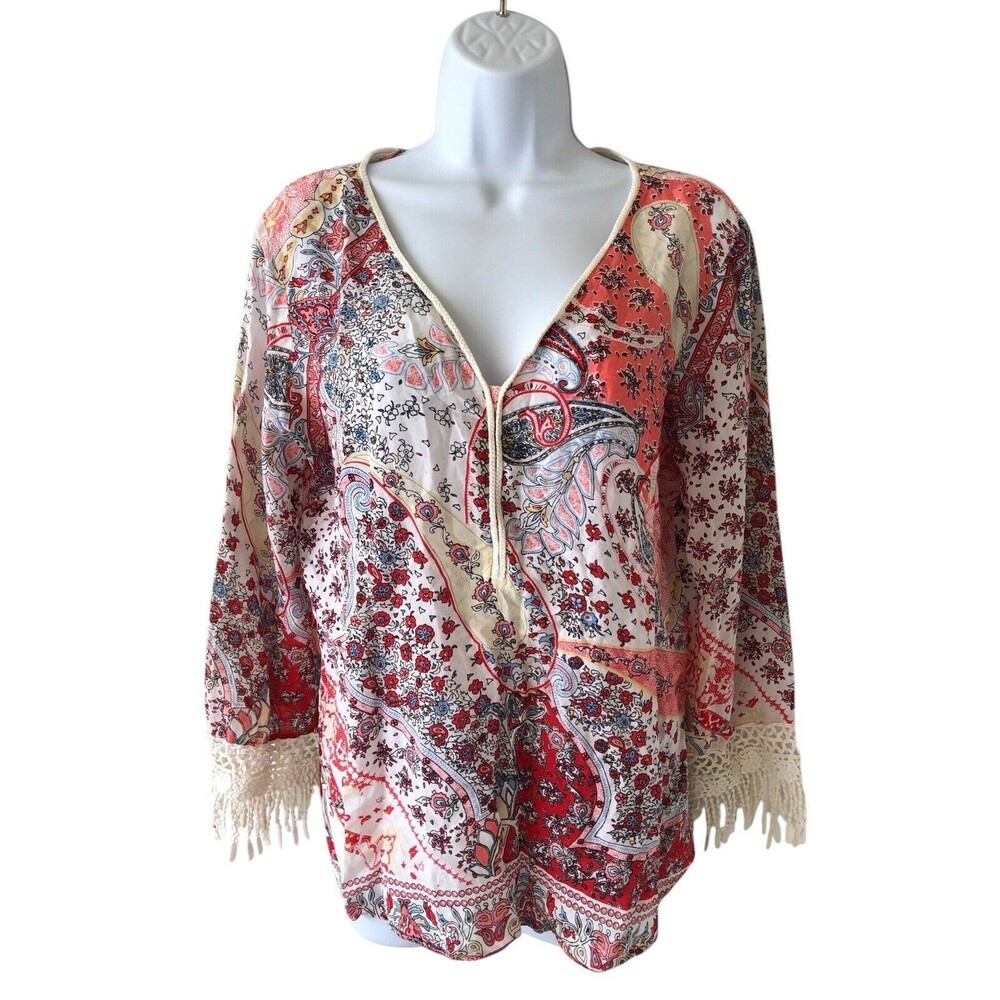 Sundance Blouse Size Medium Terraza Paisley VNeck Long Sleeve Crochet Fringe Top